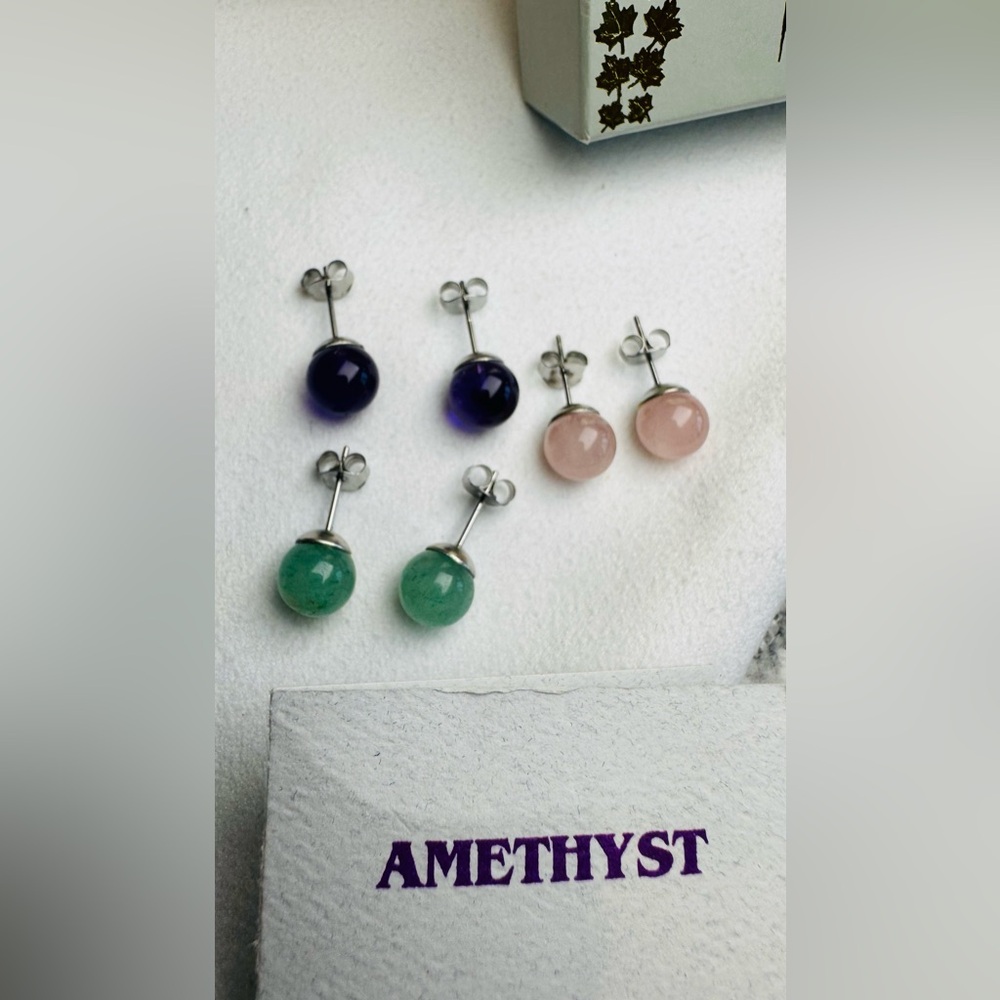 Amethyst,Jade, Rose Quartz Stud Earrings Set from Pan Pacific Vancouver BC NWOT - Picture 8 of 12